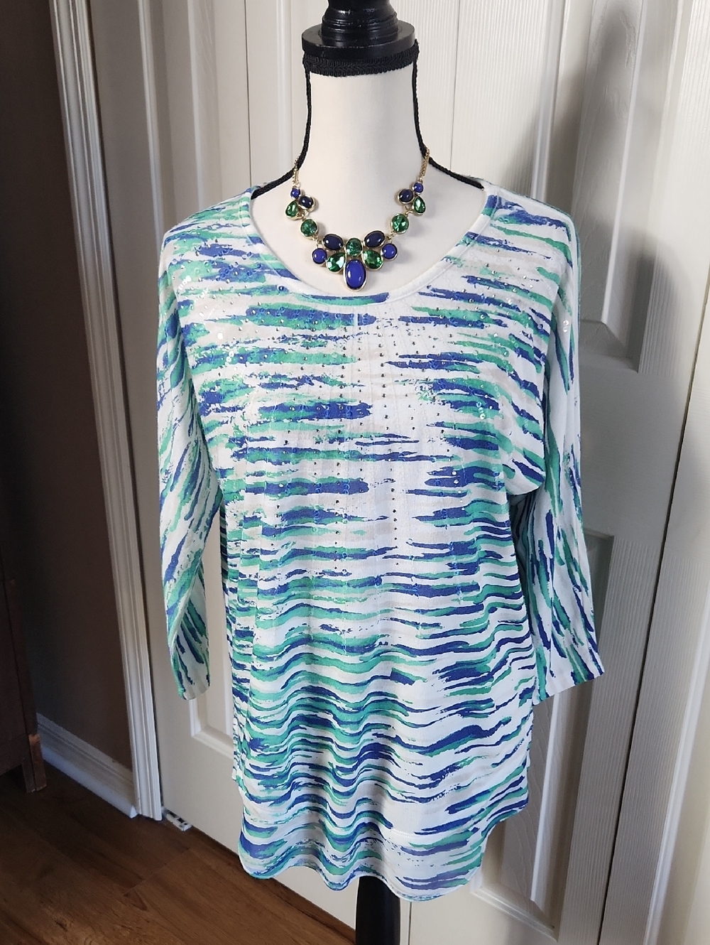 Christopher & Banks White Top with Blue and Green Wave Print
